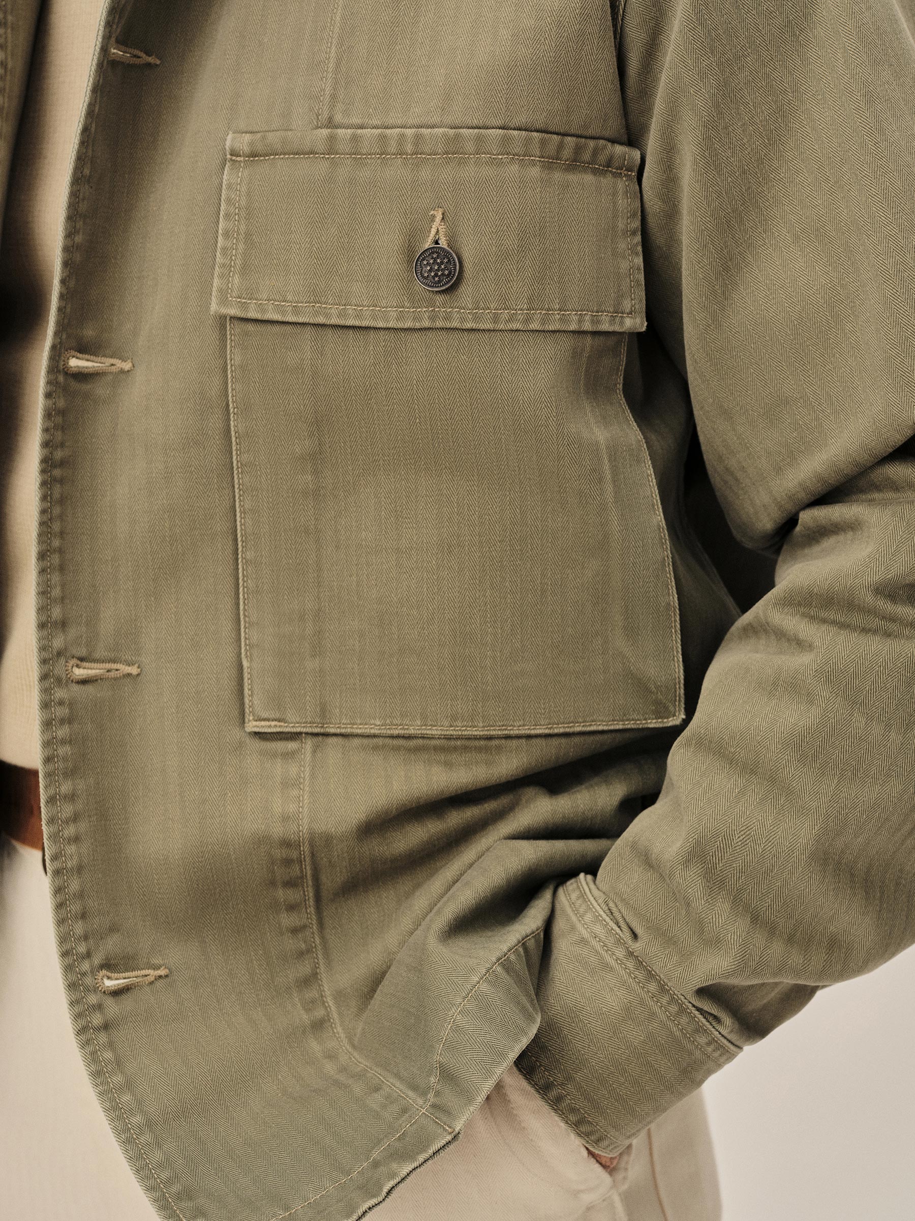 Rich Olive Herringbone Twill Fatigue Shirt - Image 6