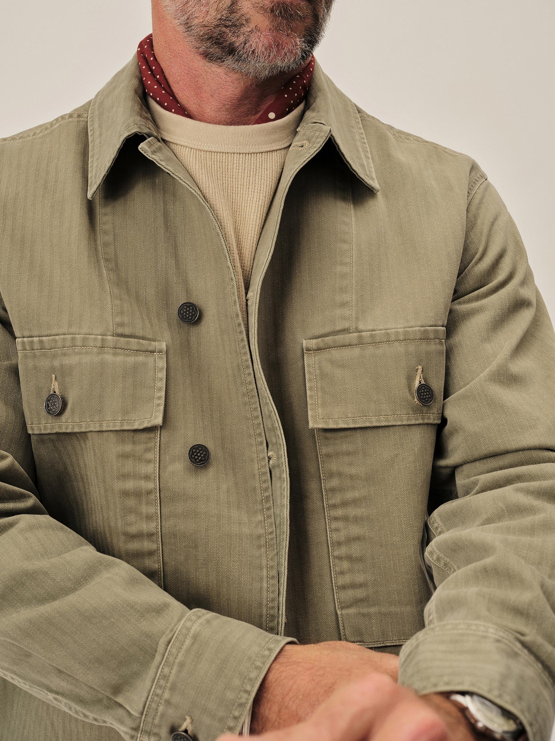 Rich Olive Herringbone Twill Fatigue Shirt - Image 4