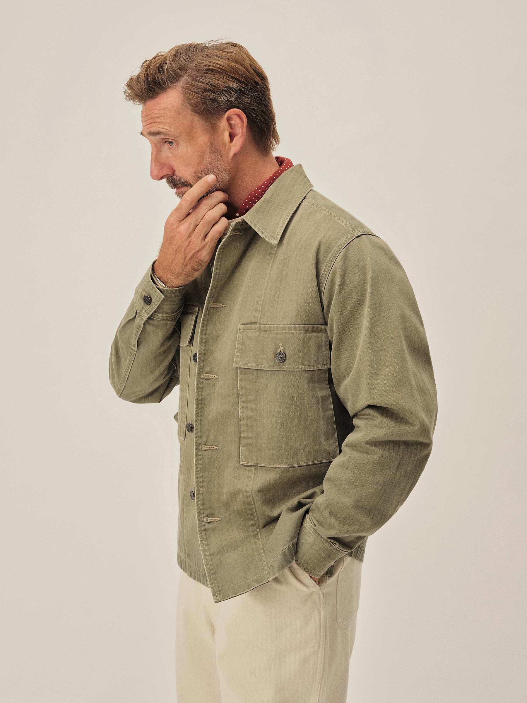 Rich Olive Herringbone Twill Fatigue Shirt - Image 5