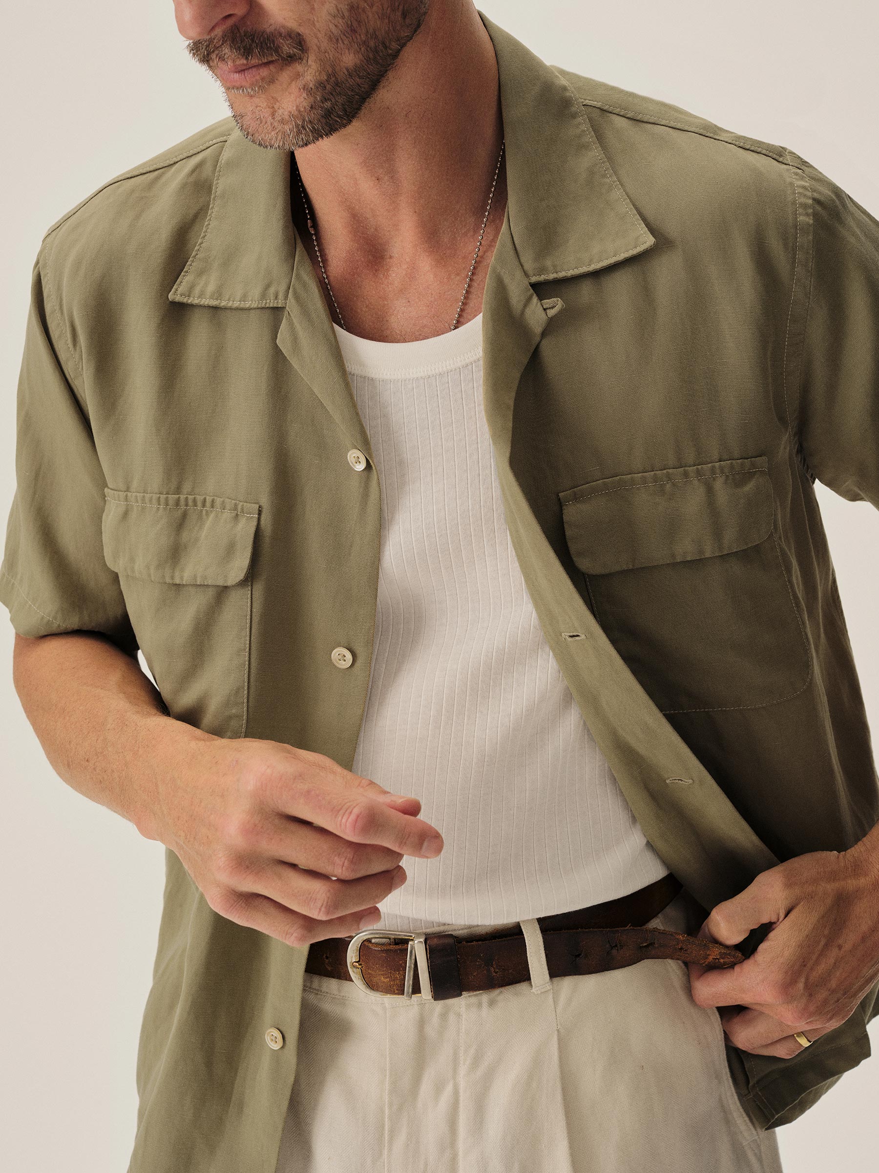 Aloe Green Draped Linen Deuce Coupe Camp Shirt - Image 3