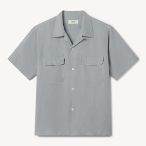 Blue Fescue Draped Linen Deuce Coupe Camp Shirt