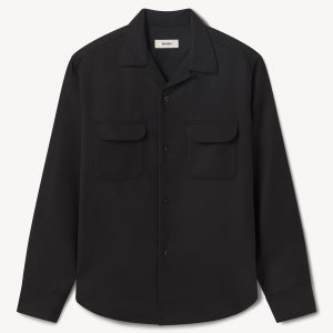 Black Wool Gabardine Diamondhead Camp Shirt