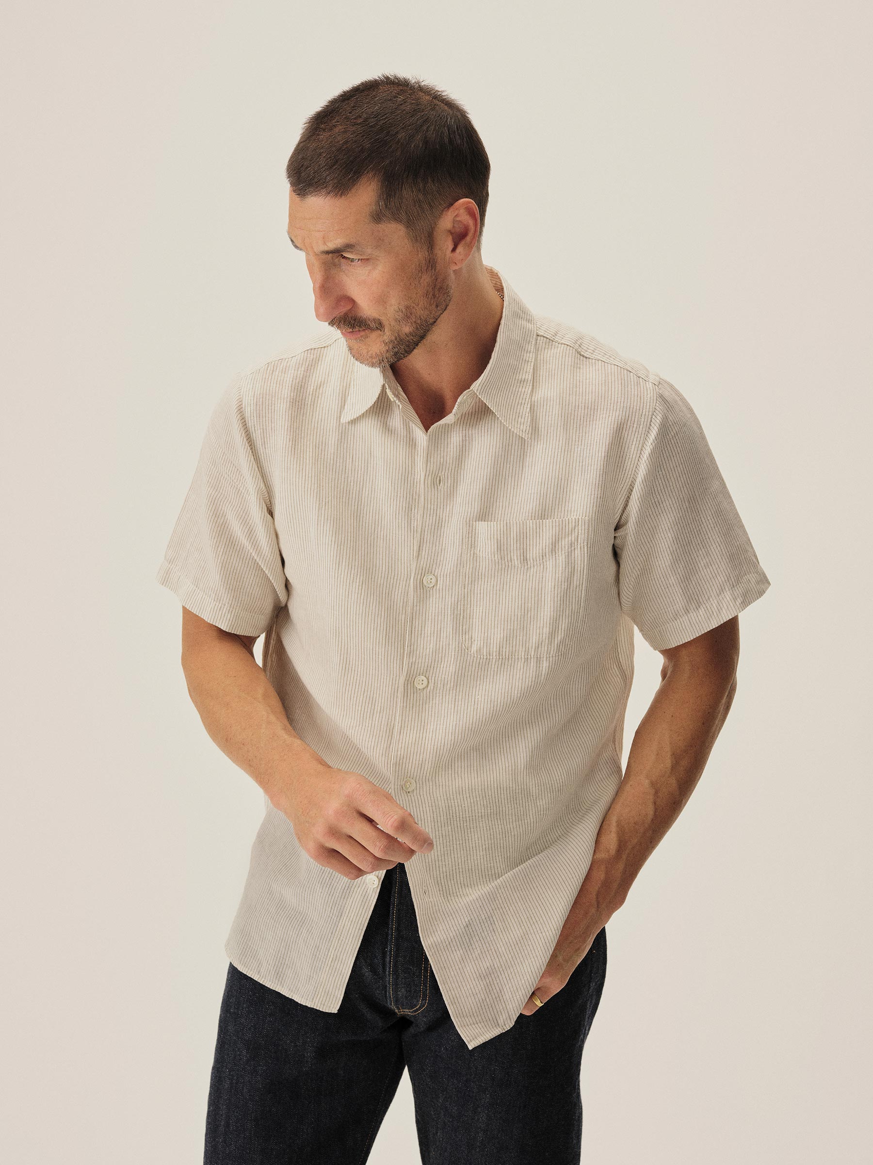 Natural/Khaki Stripe Breeze Cotton Linen S/S Shirt - Image 2