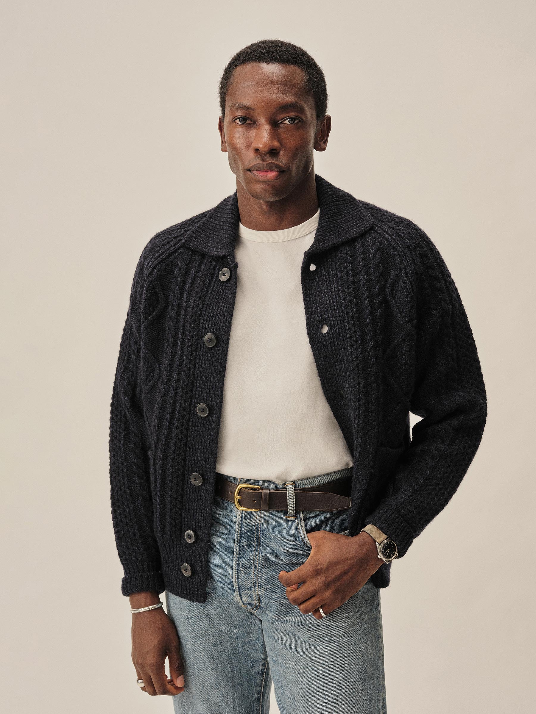 Midnight Seastack Wool Tweed Cable Cardigan - Image 5