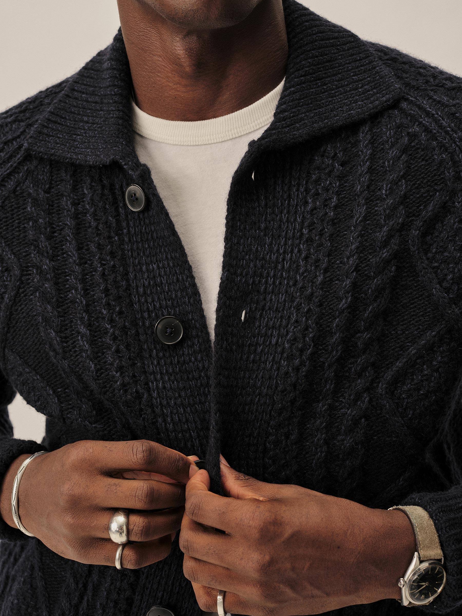 Midnight Seastack Wool Tweed Cable Cardigan - Image 4