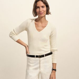 Natural Fluted Rib V-Neck Long Sleeve