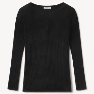 Black Featherweight Silk Cashmere Bateau Neck L/S