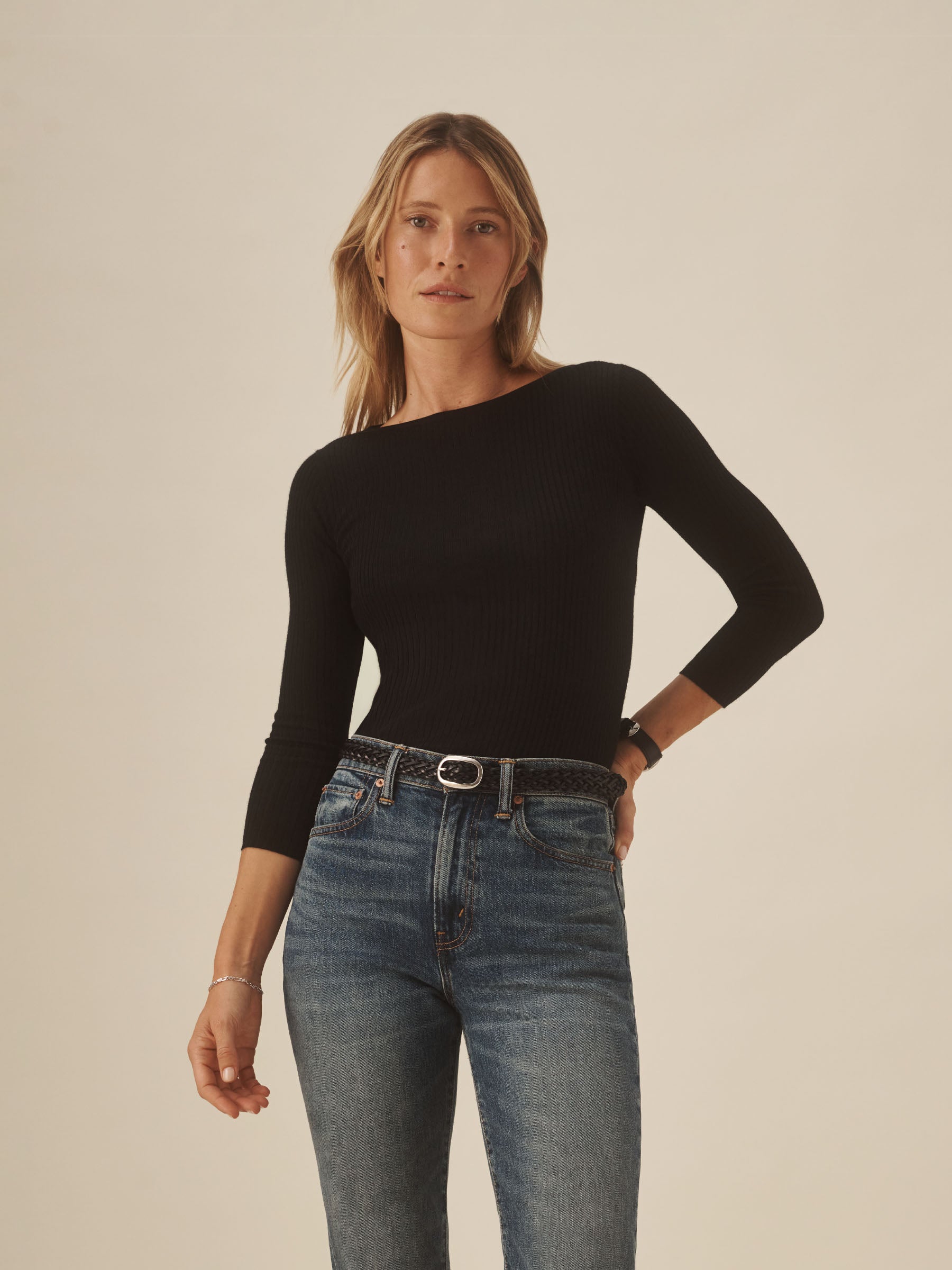Black Featherweight Silk Cashmere Bateau Neck L/S - Image 2