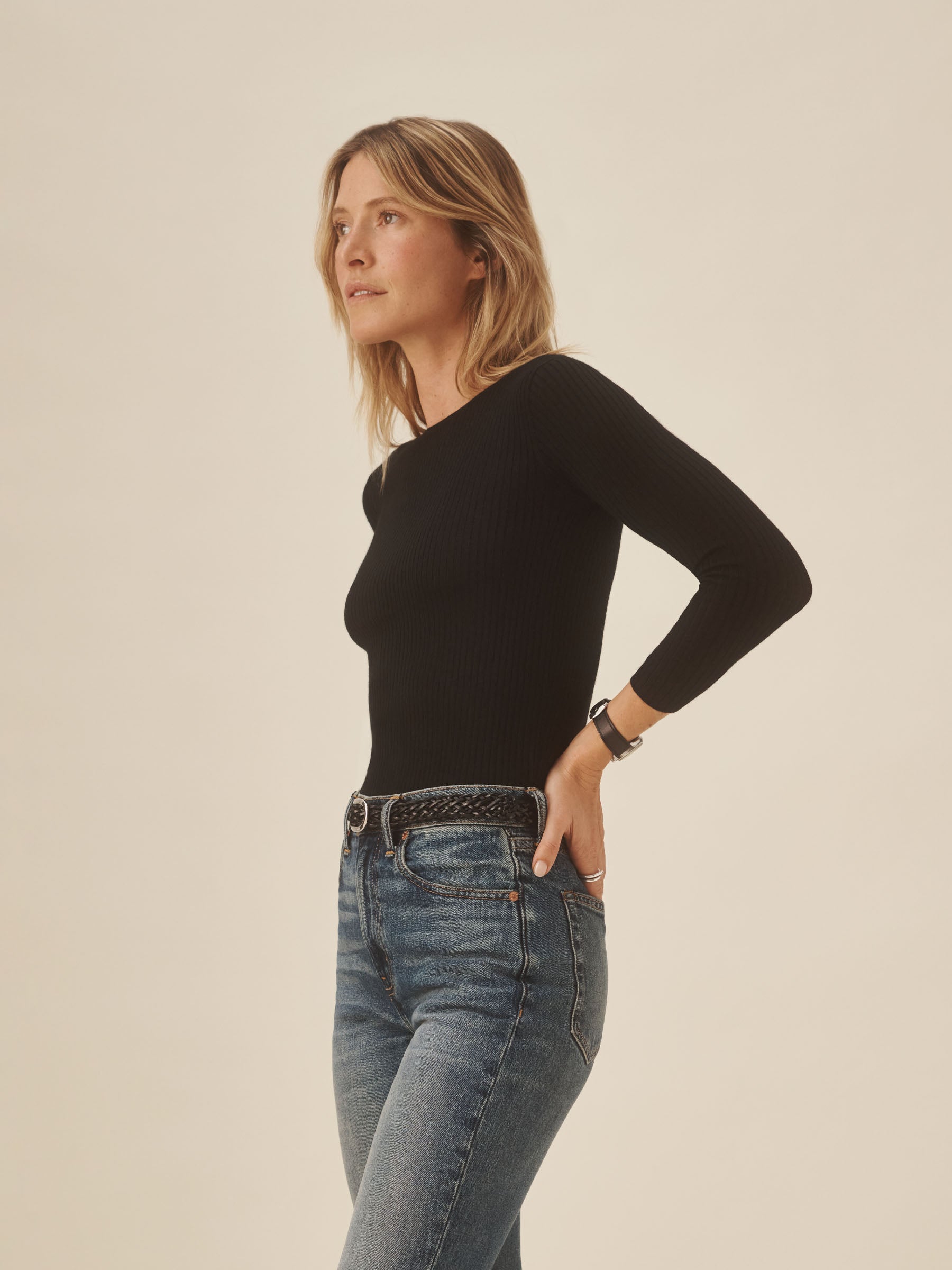 Black Featherweight Silk Cashmere Bateau Neck L/S - Image 3